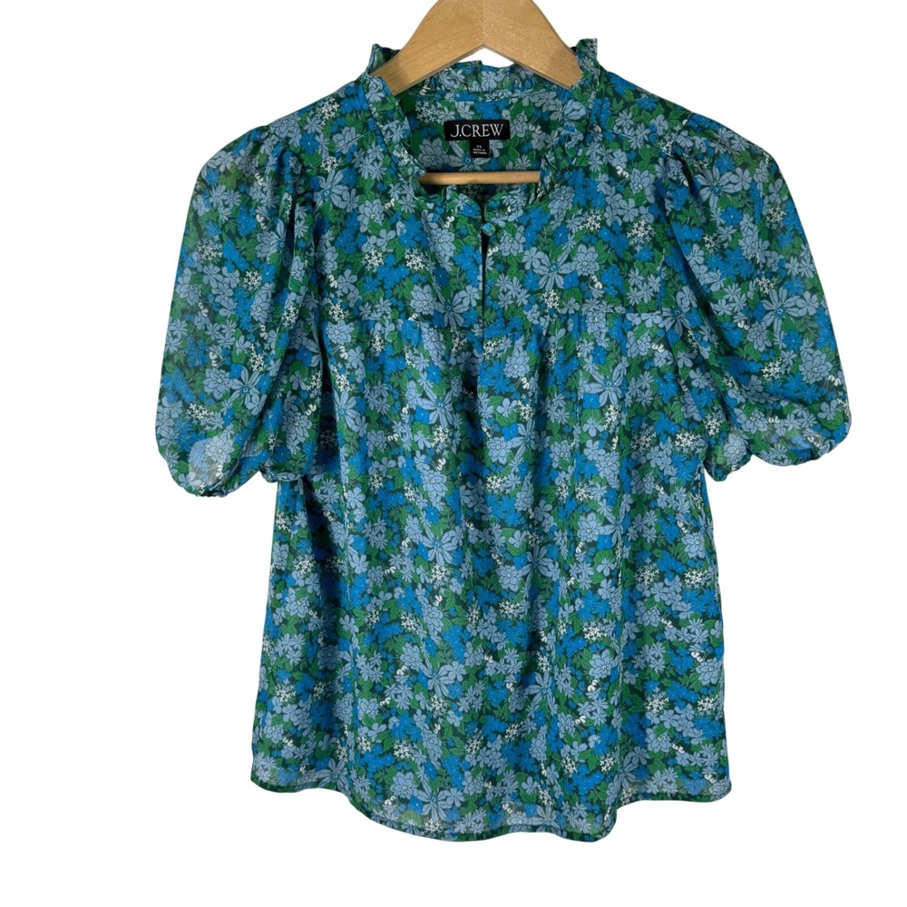 J.Crew Floral Ruffle Collar Puff Sleeve Blouse Womens XS Blue Green